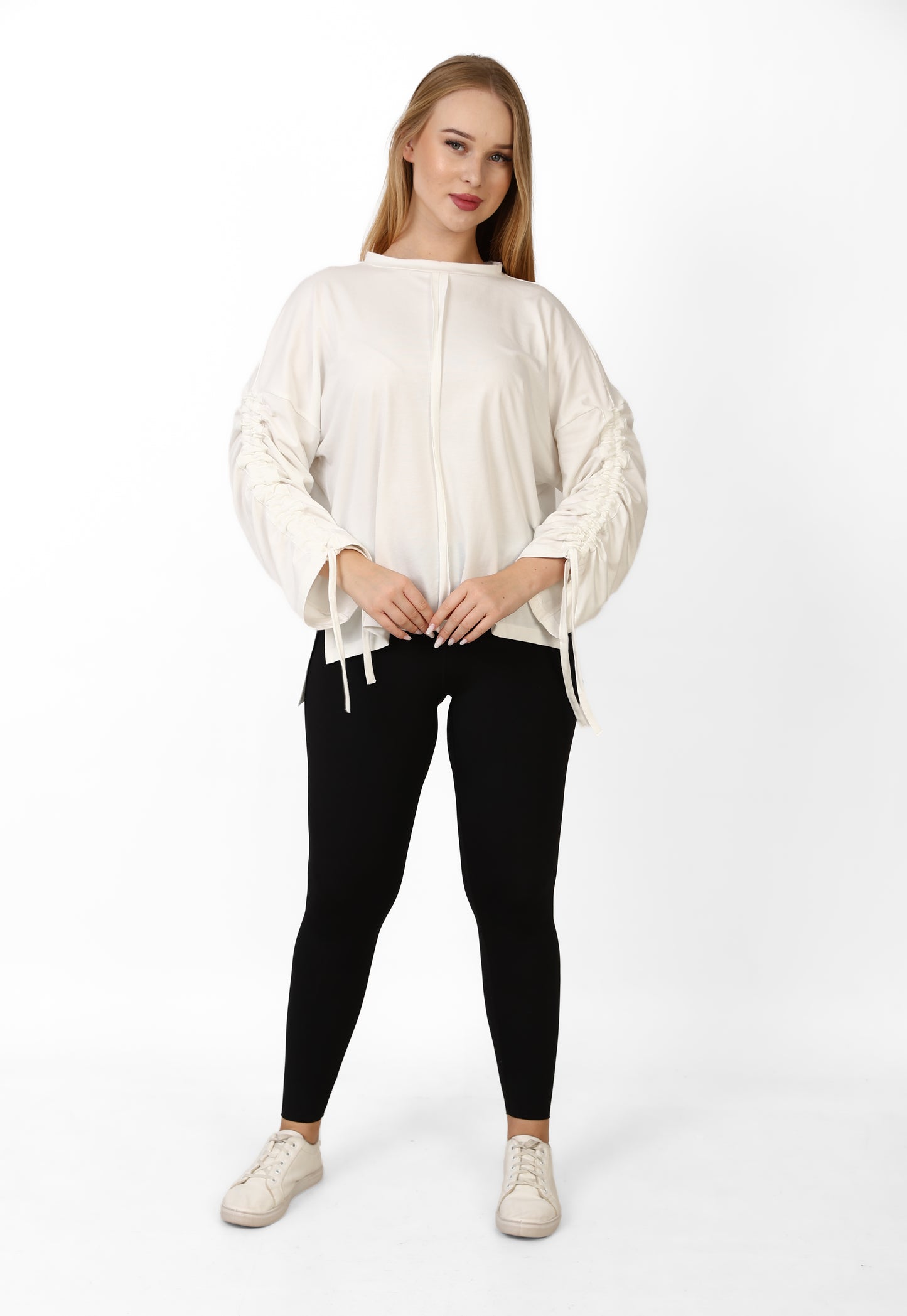 Women’s Adjustable Rushed sleeves oversized top Cotton – White
