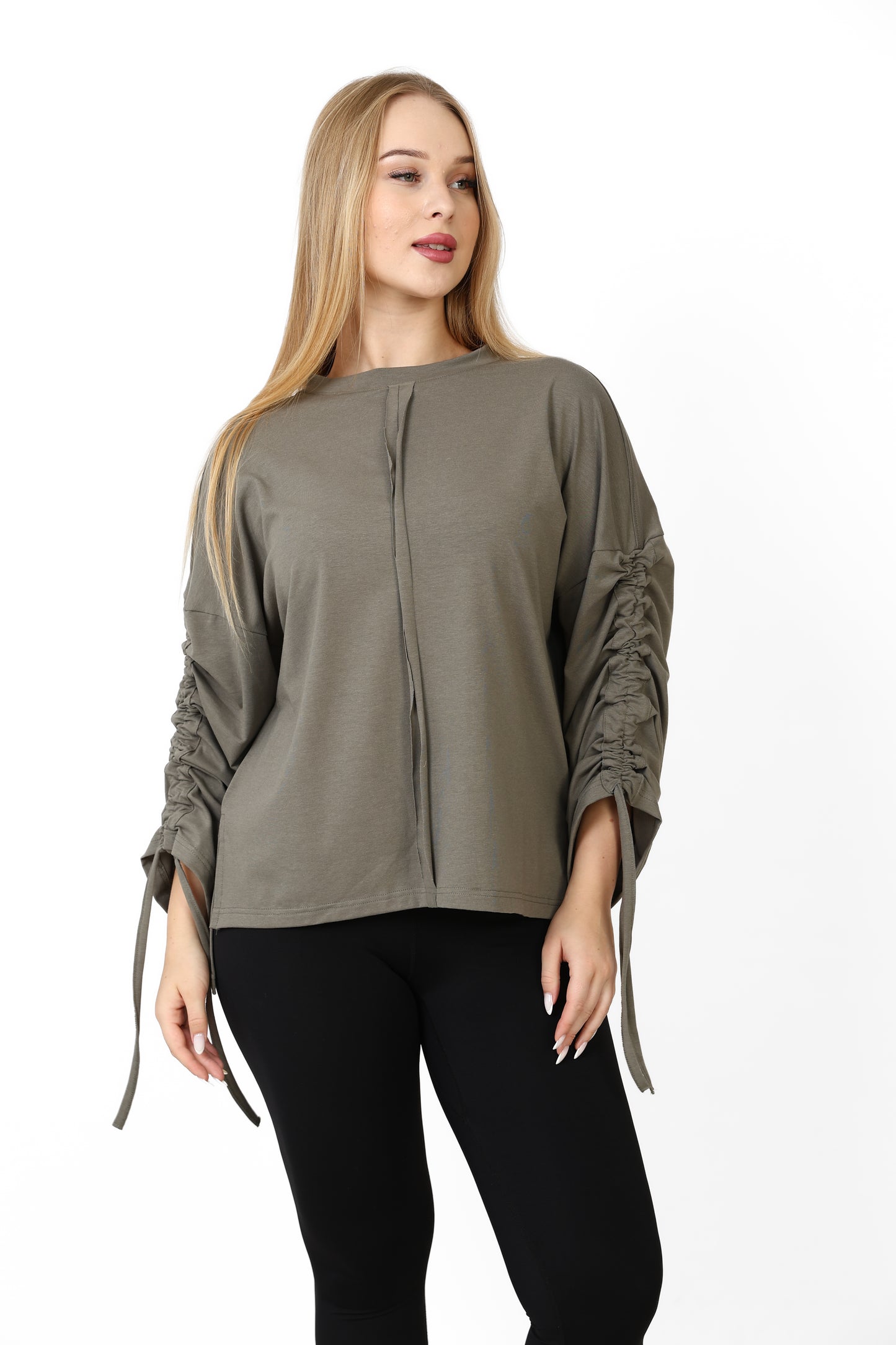 Women’s Adjustable Rushed sleeves oversized top Cotton – olive green