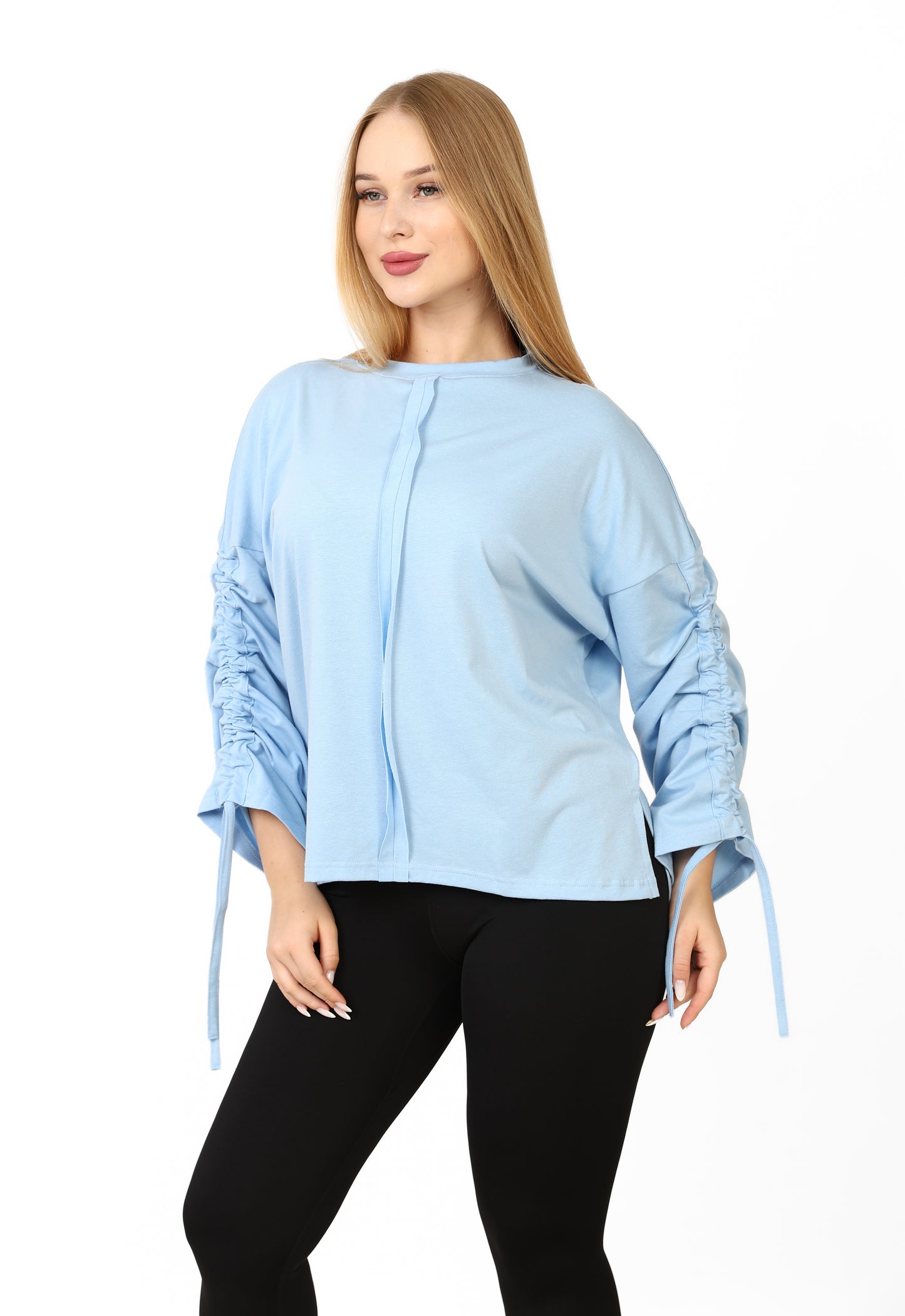 Women’s Adjustable Rushed sleeves oversized top Cotton – Baby Blue