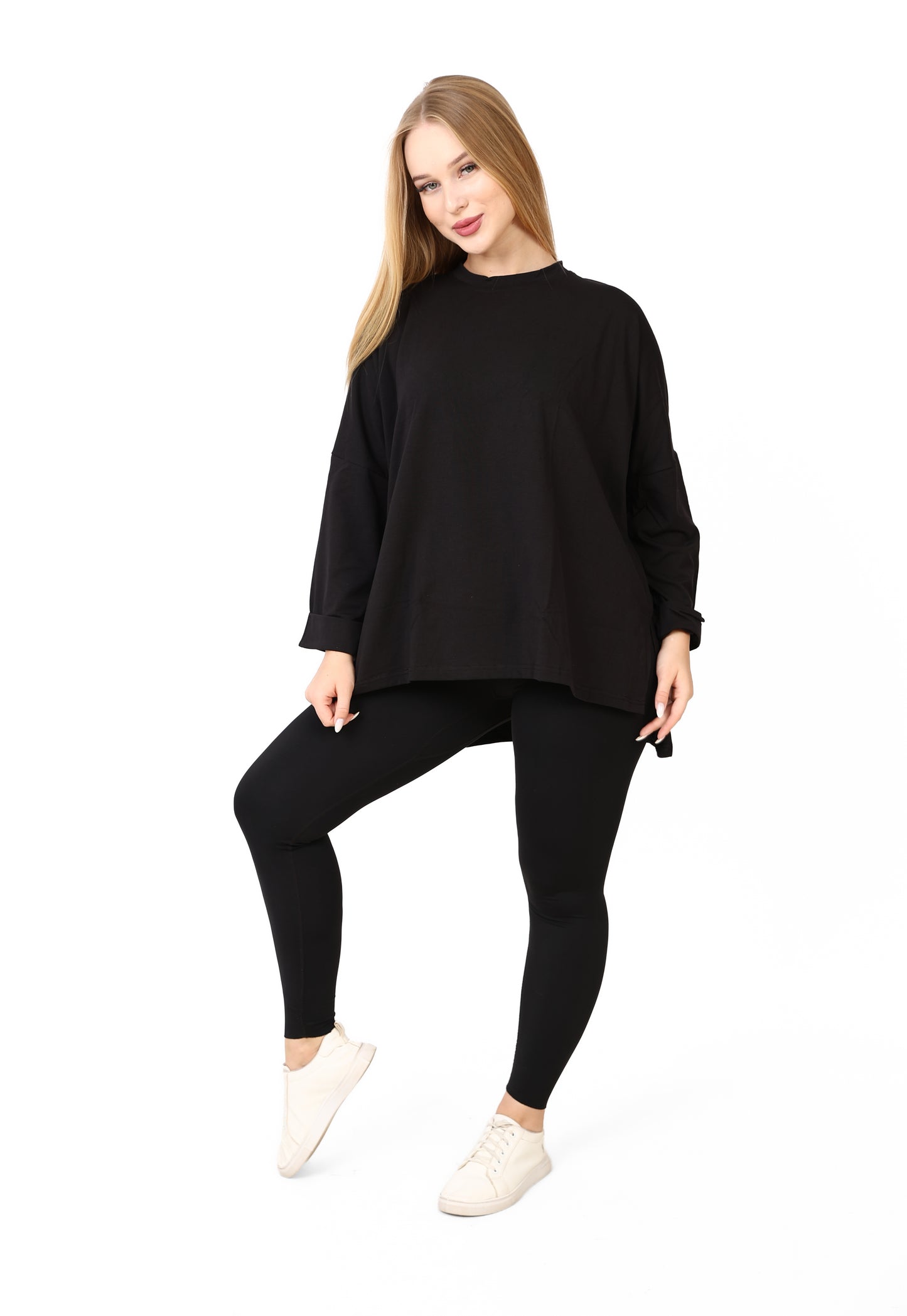 Women’s Oversized Long Sleeve High-Low Cotton Top – Black