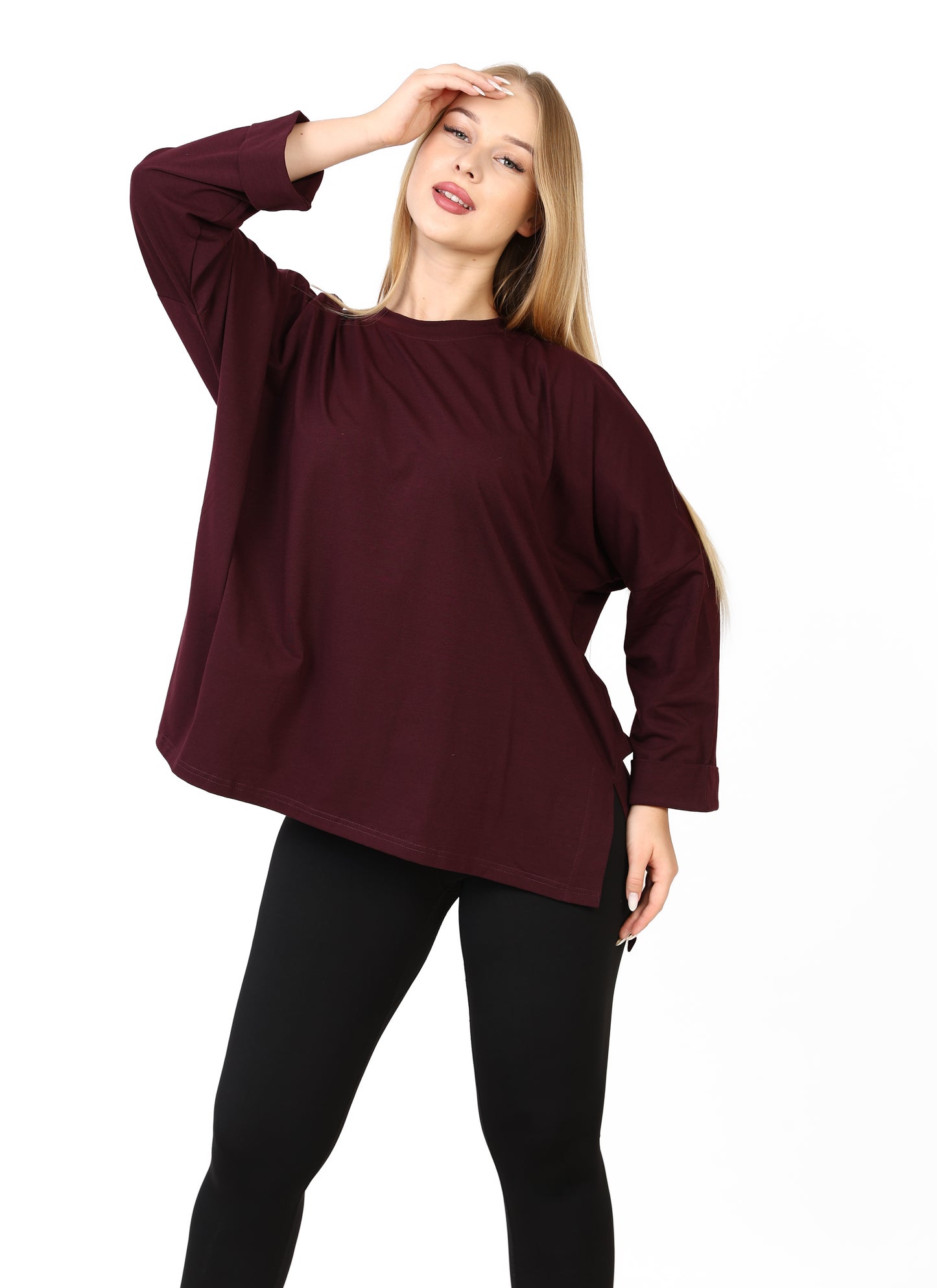 Women’s Oversized Long Sleeve Side Slit Top – Rich Burgundy
