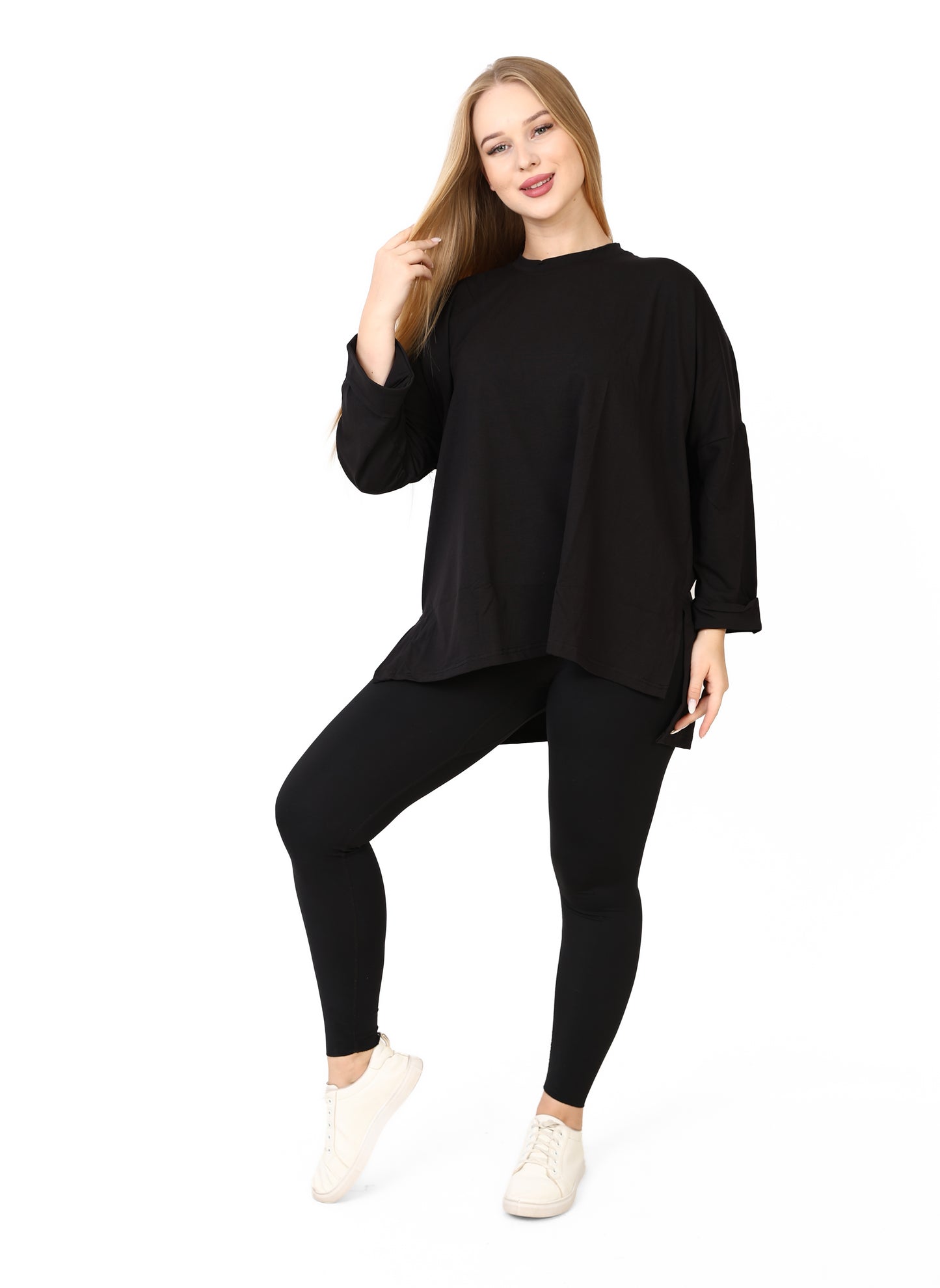 Women’s Oversized Long Sleeve High-Low Cotton Top – Black