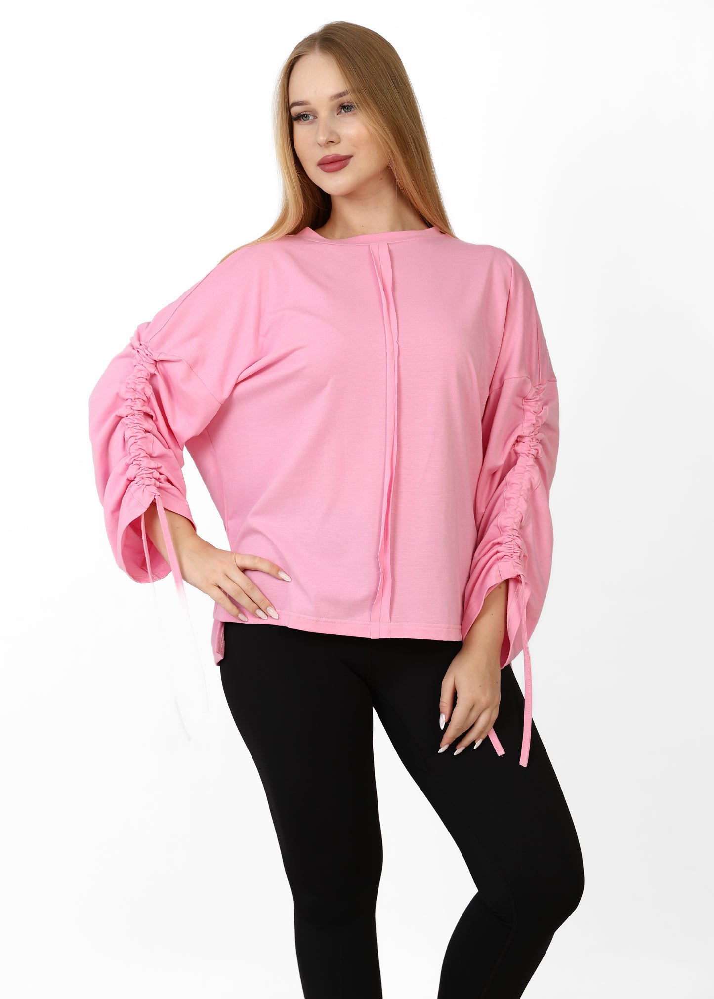 Women’s Adjustable Rushed sleeves oversized top Cotton – Light Pink