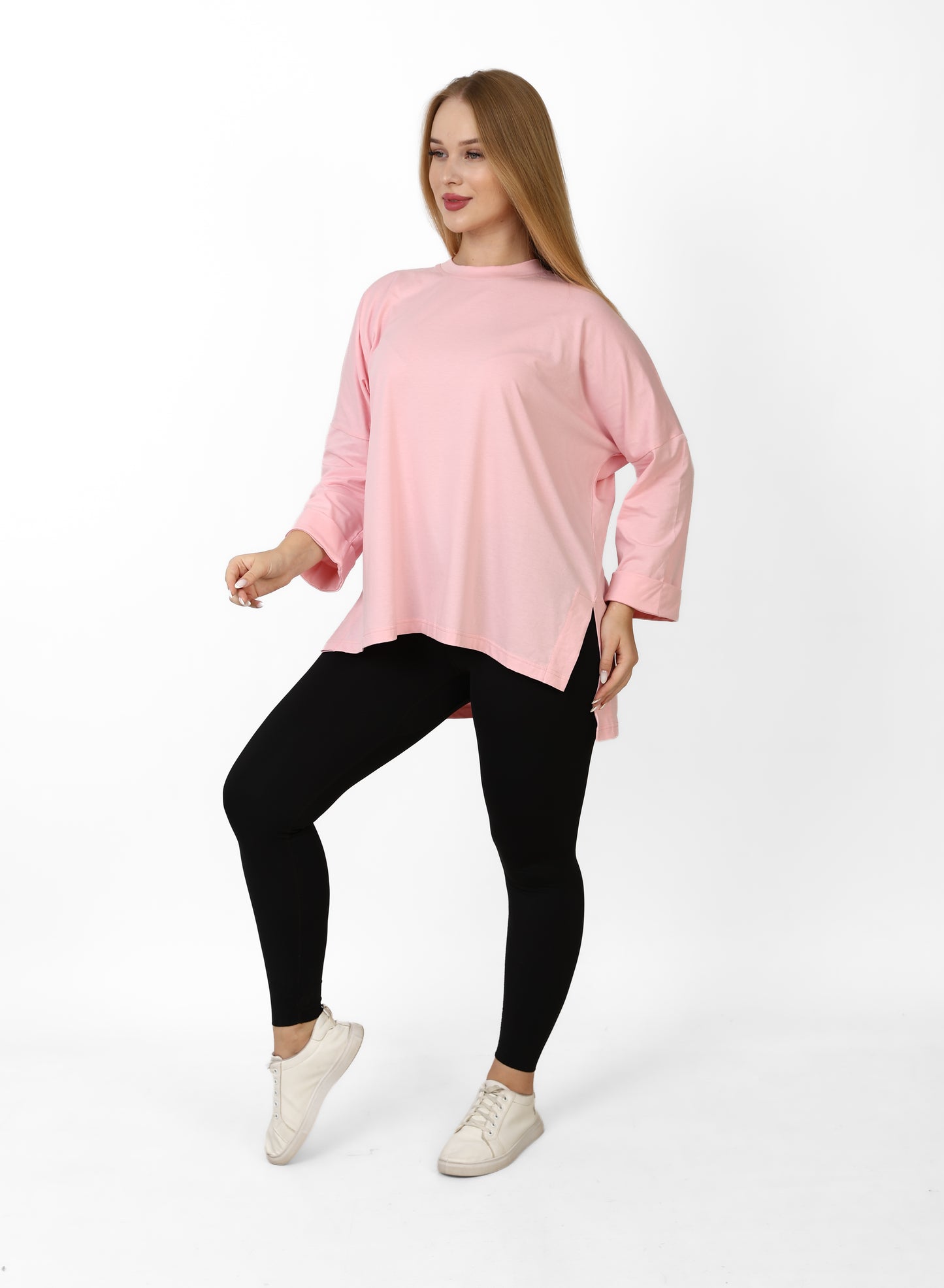 Women’s Oversized Long Sleeve High-Low Cotton Top – Light Pink