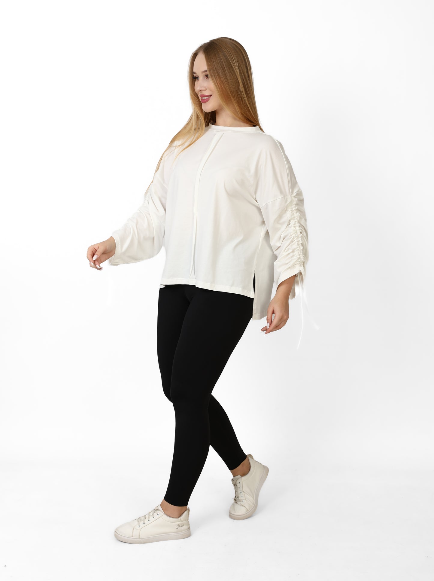 Women’s Adjustable Rushed sleeves oversized top Cotton – White