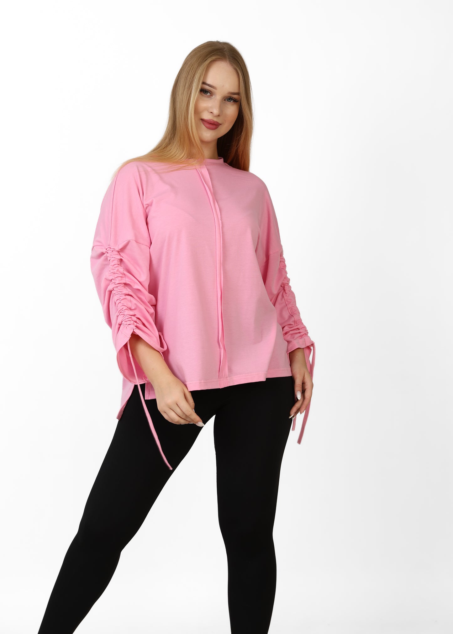 Women’s Adjustable Rushed sleeves oversized top Cotton – Light Pink