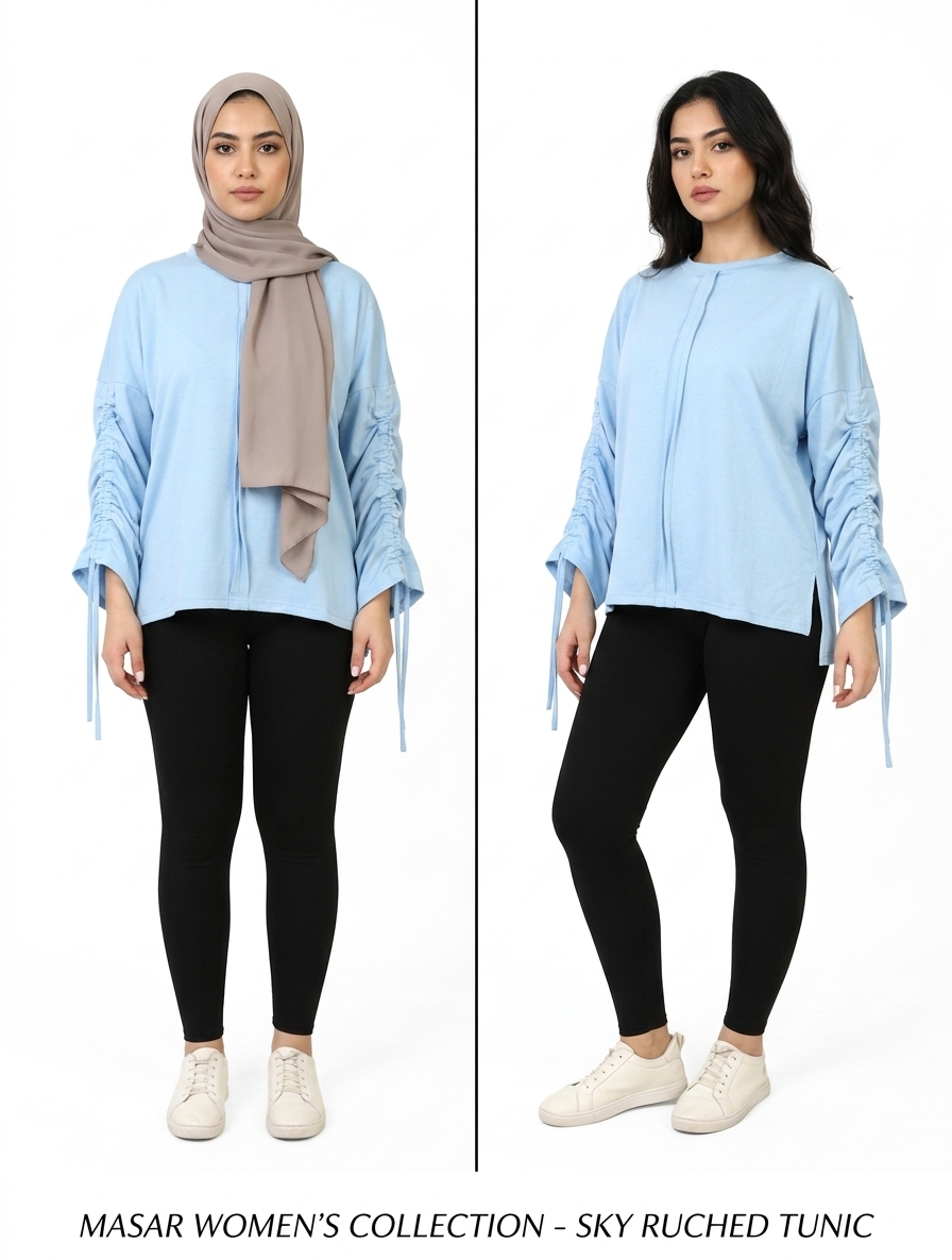 Women’s Adjustable Rushed sleeves oversized top Cotton – Baby Blue