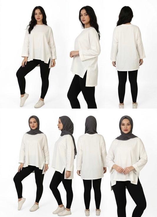 Women’s Oversized Long Sleeve Tunic – Side Slit Modest Top | Ivory