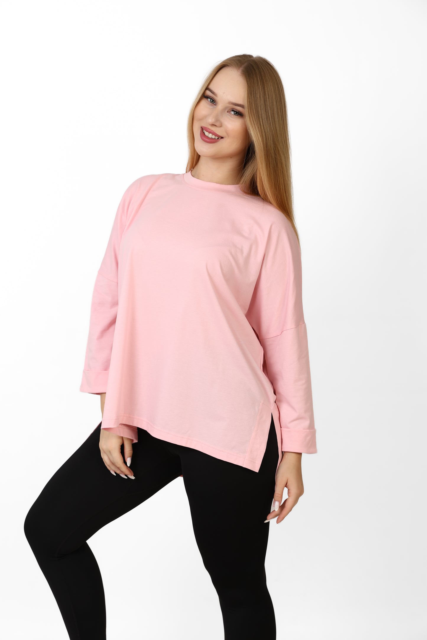 Women’s Oversized Long Sleeve High-Low Cotton Top – Light Pink