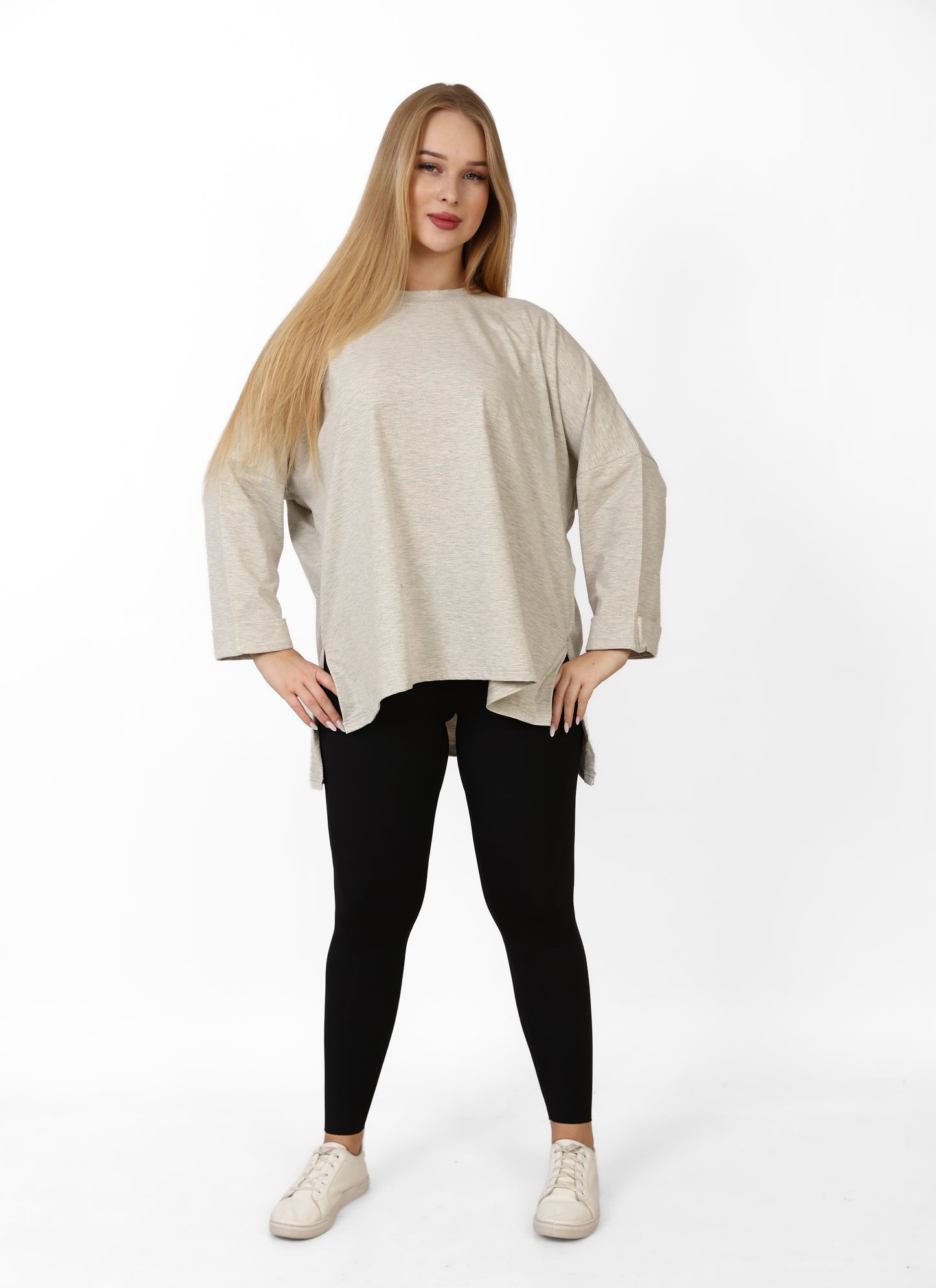Women’s Oversized Long Sleeve High-Low Cotton Top – light grey