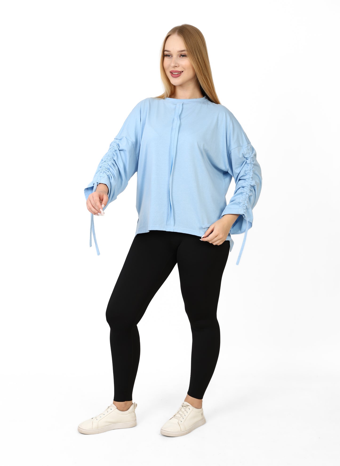 Women’s Adjustable Rushed sleeves oversized top Cotton – Baby Blue
