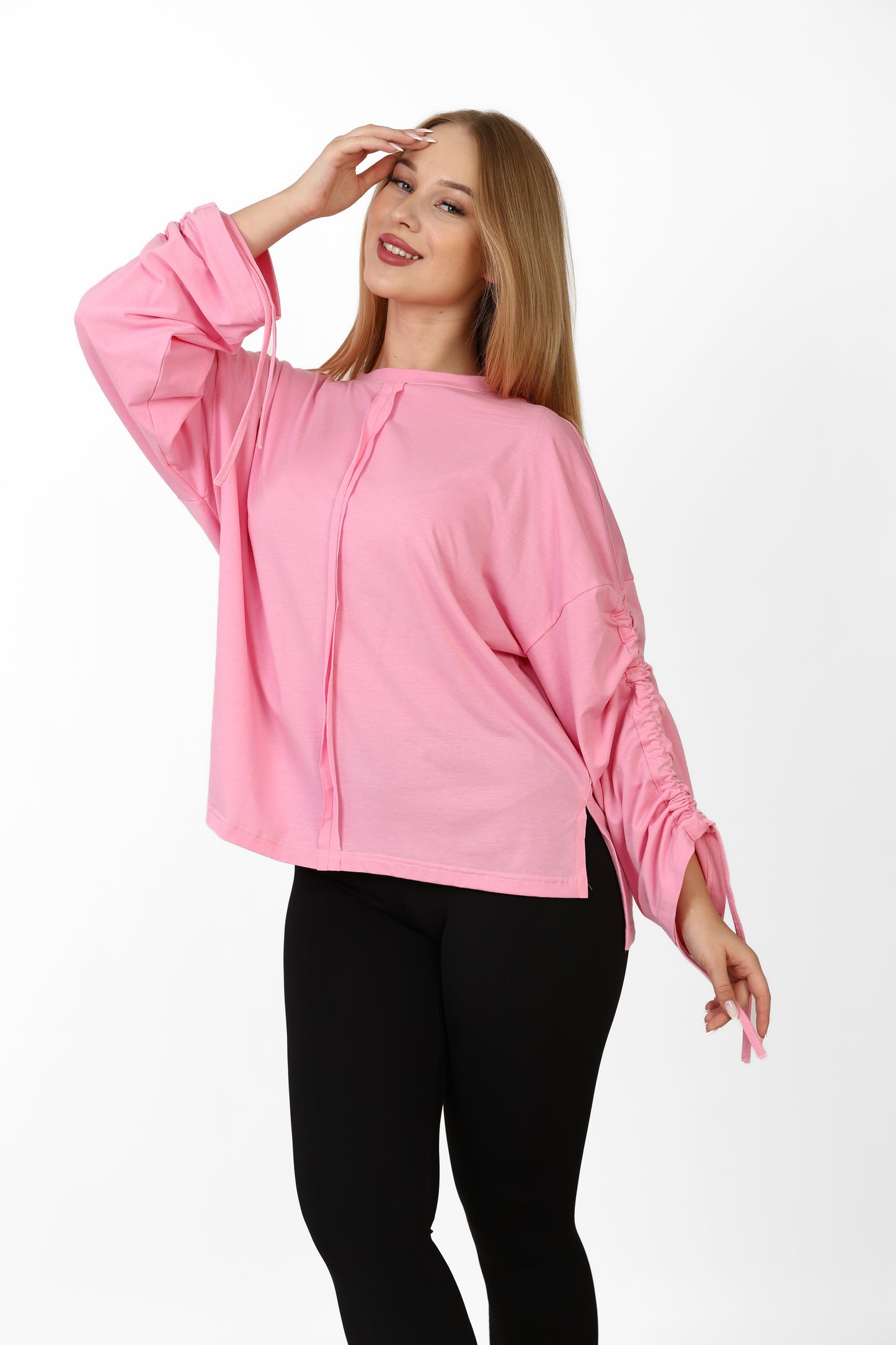 Women’s Adjustable Rushed sleeves oversized top Cotton – Light Pink