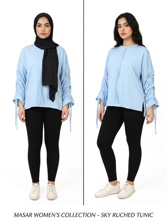Women’s Adjustable Rushed sleeves top Cotton – Baby Blue
