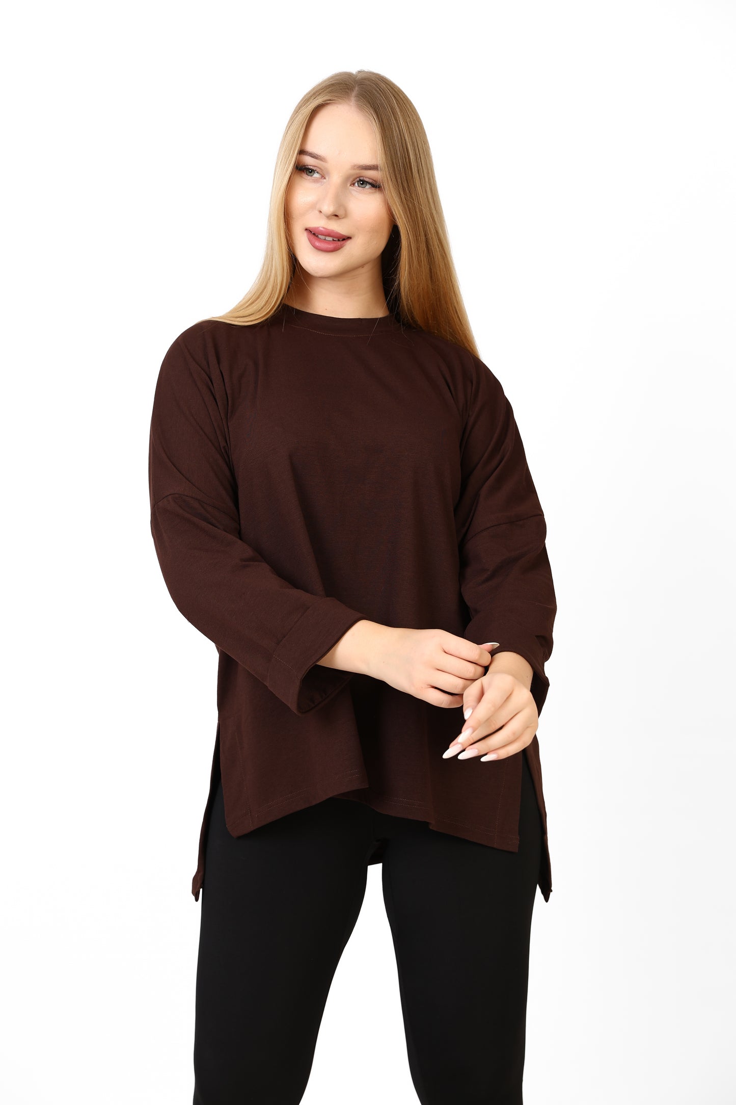 Women’s Oversized Long Sleeve High-Low Cotton Top – Chocolate Brown