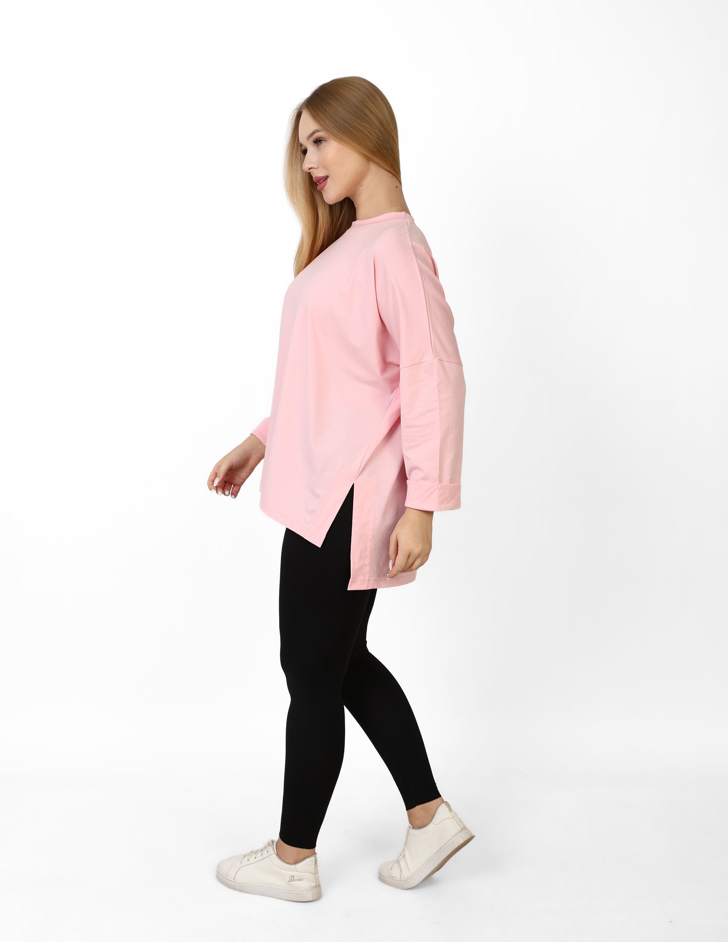 Women’s Oversized Long Sleeve High-Low Cotton Top – Light Pink