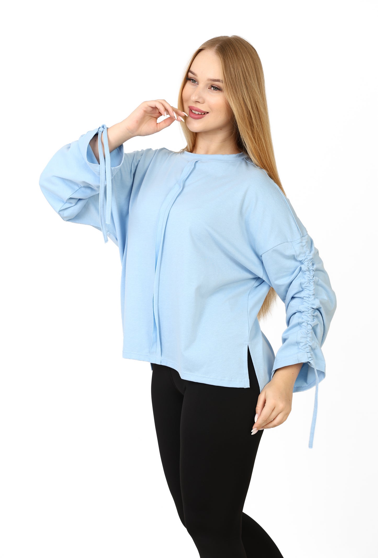 Women’s Adjustable Rushed sleeves oversized top Cotton – Baby Blue