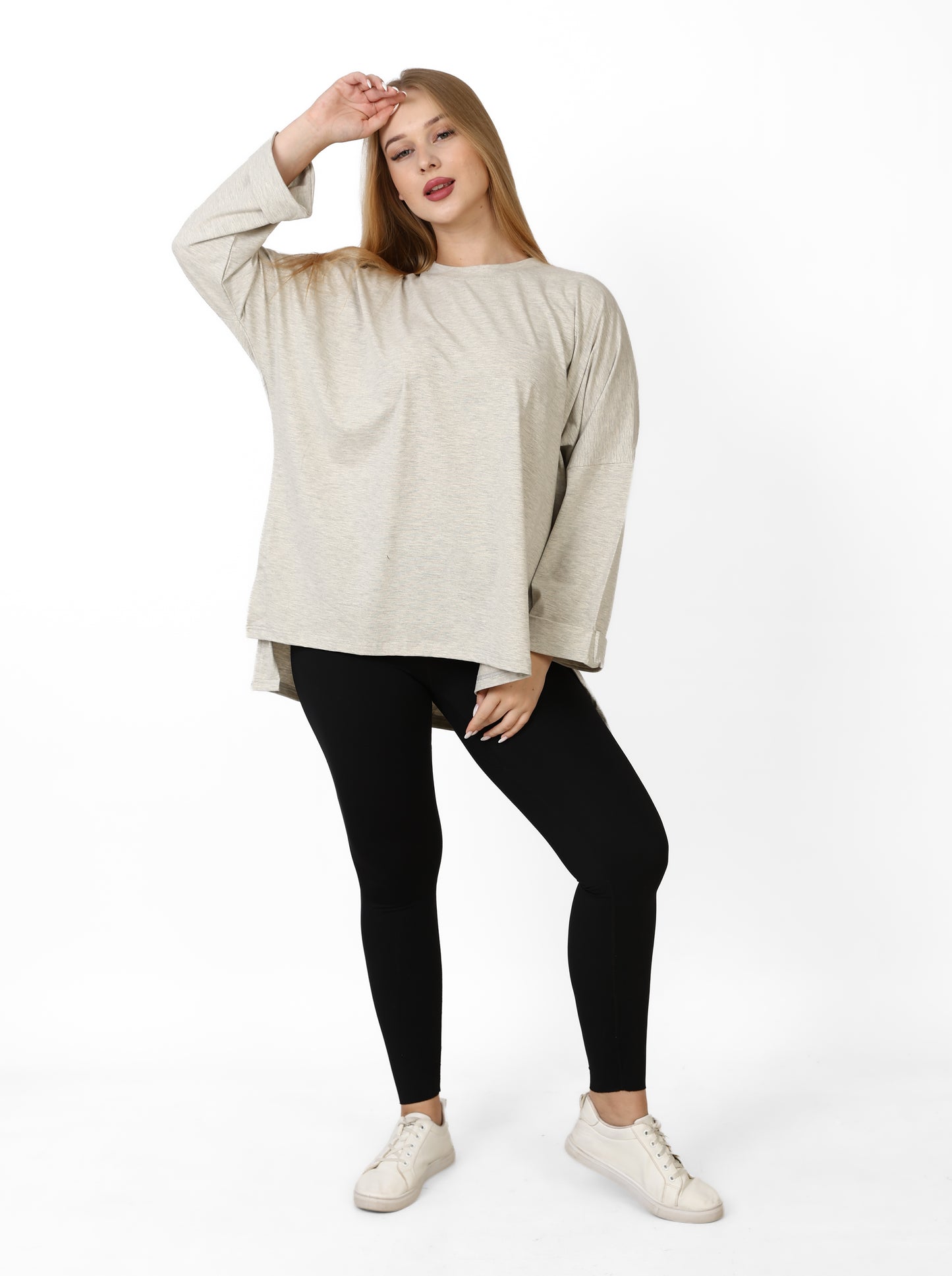Women’s Oversized Long Sleeve High-Low Cotton Top – light grey
