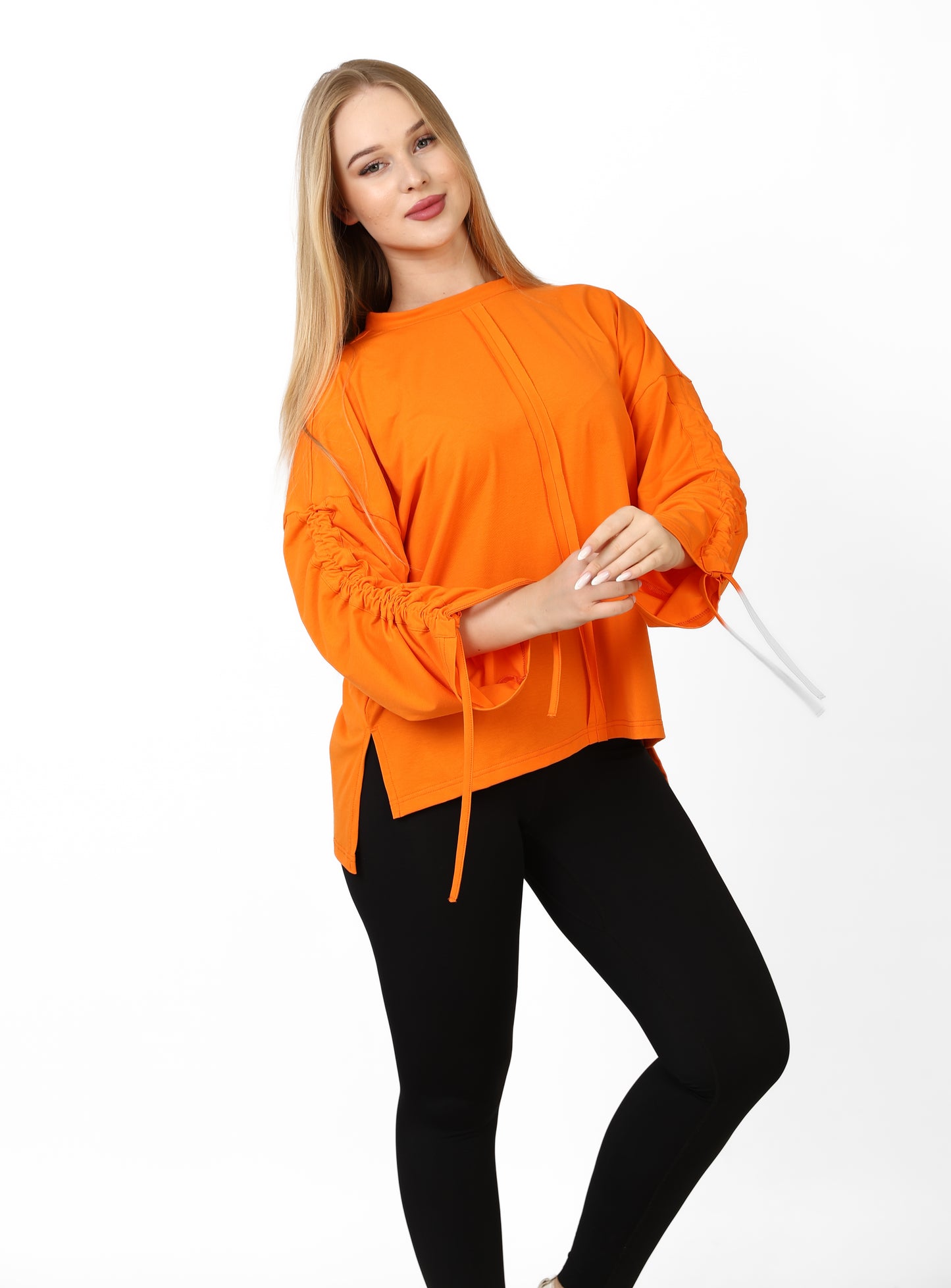 Women’s Adjustable Rushed sleeves oversized top Cotton – Orange