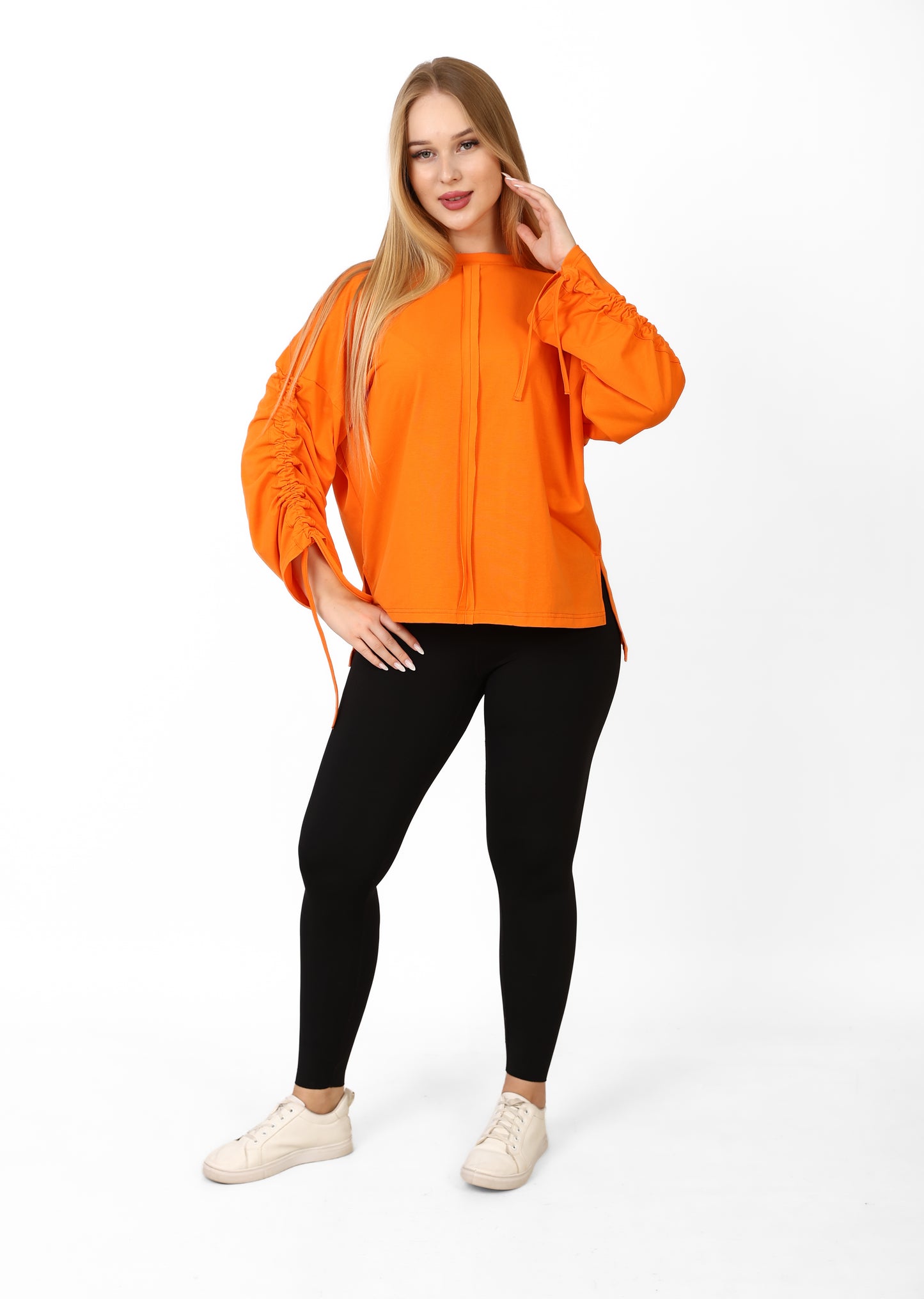 Women’s Adjustable Rushed sleeves oversized top Cotton – Orange