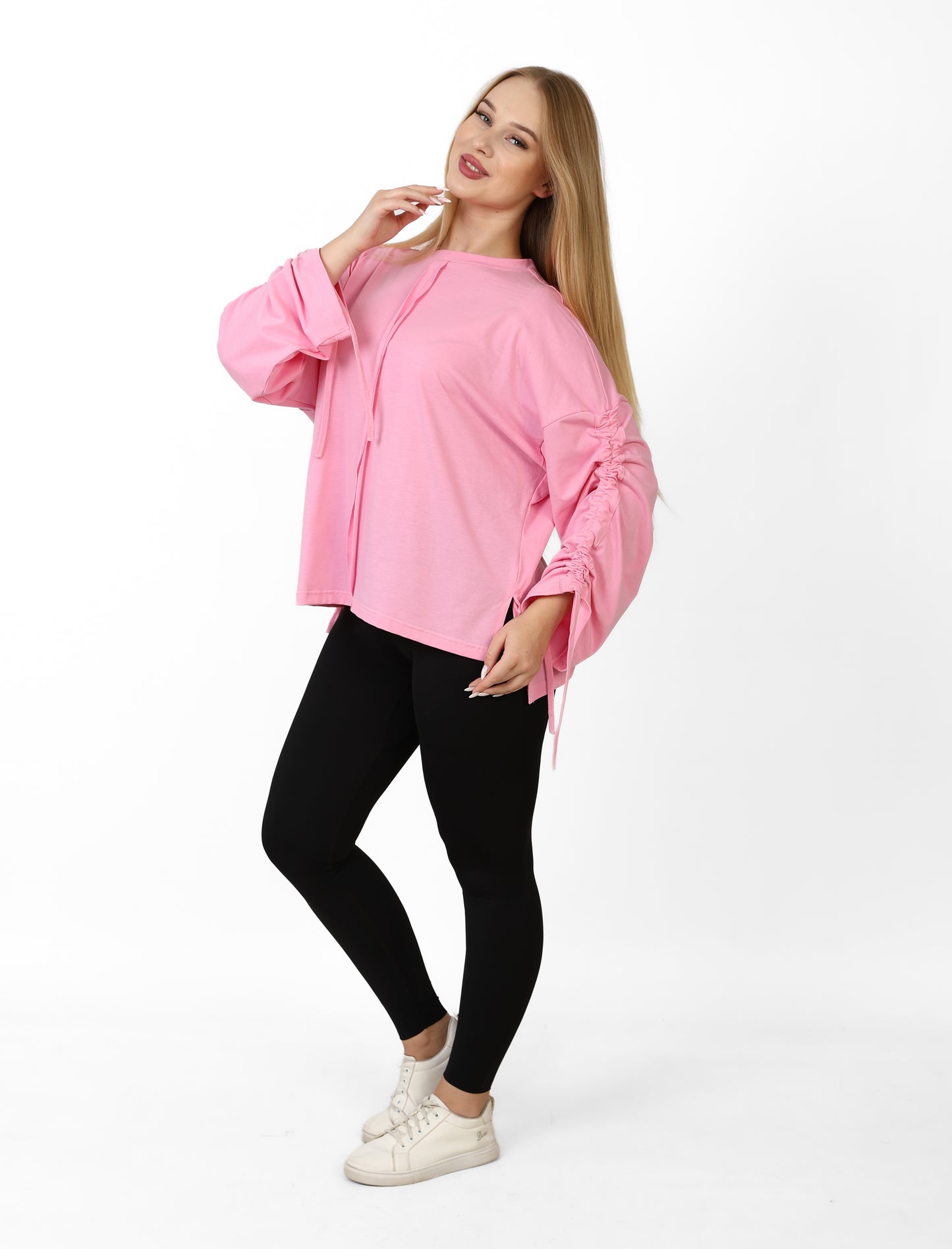 Women’s Adjustable Rushed sleeves oversized top Cotton – Light Pink