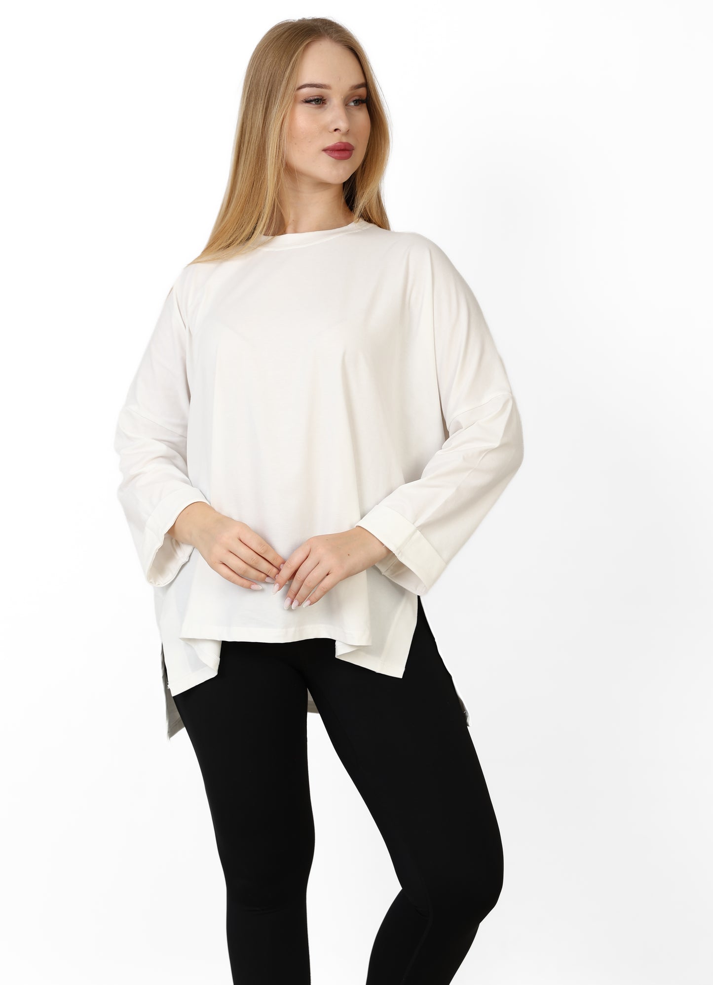 Women’s Oversized Long Sleeve Tunic – Side Slit Modest Top | Ivory