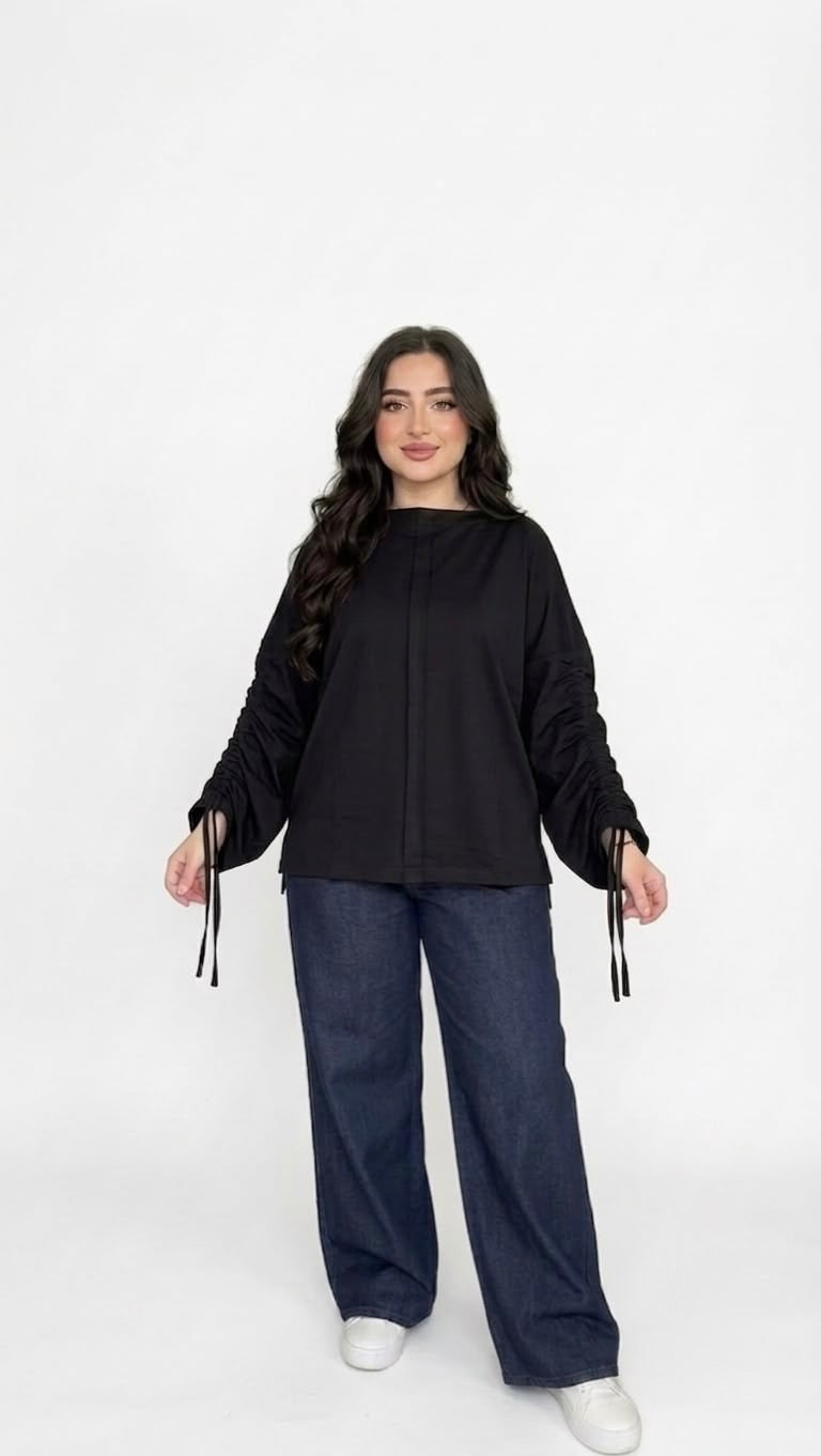 Women’s Adjustable Rushed sleeves oversized top Cotton – Black