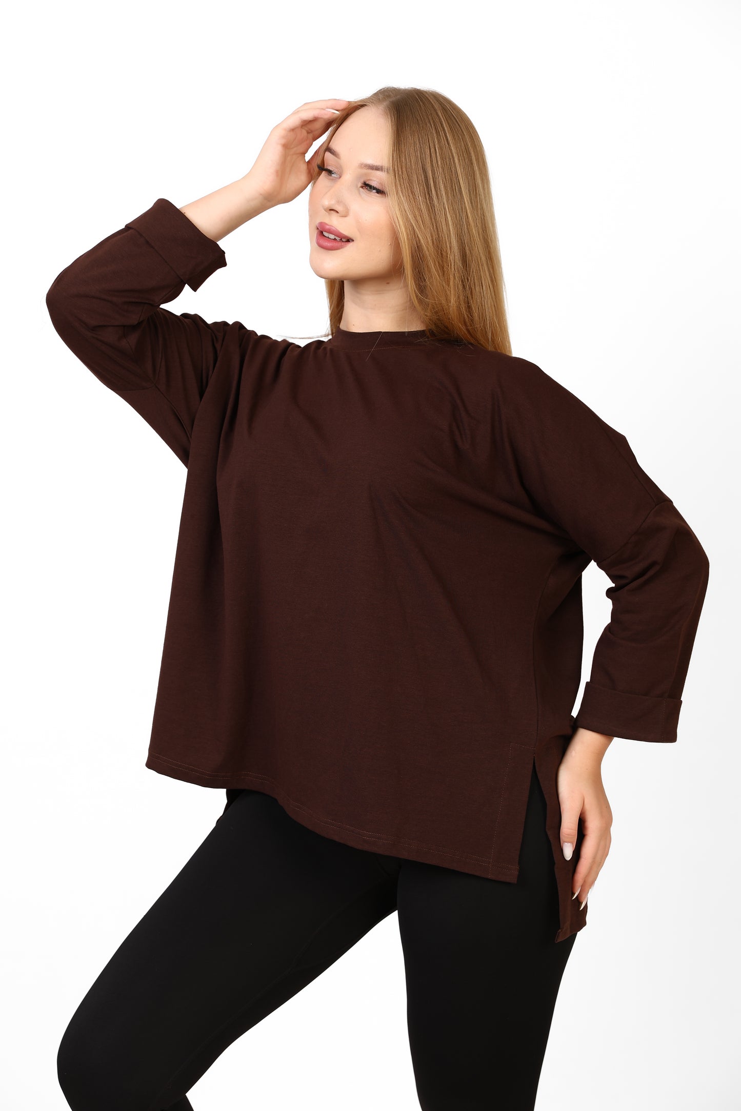 Women’s Oversized Long Sleeve High-Low Cotton Top – Chocolate Brown
