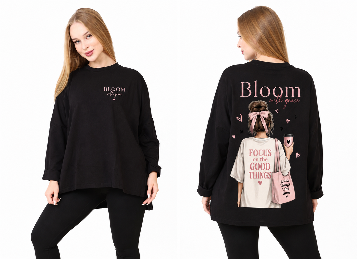 Masar Bloom with Grace Oversized Women's Sweatshirt - Black