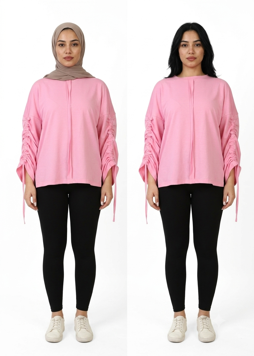Women’s Adjustable Rushed sleeves oversized top Cotton – Light Pink