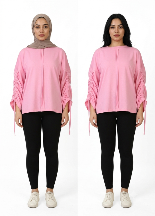 Women’s Adjustable Rushed sleeves top Cotton – Light Pink