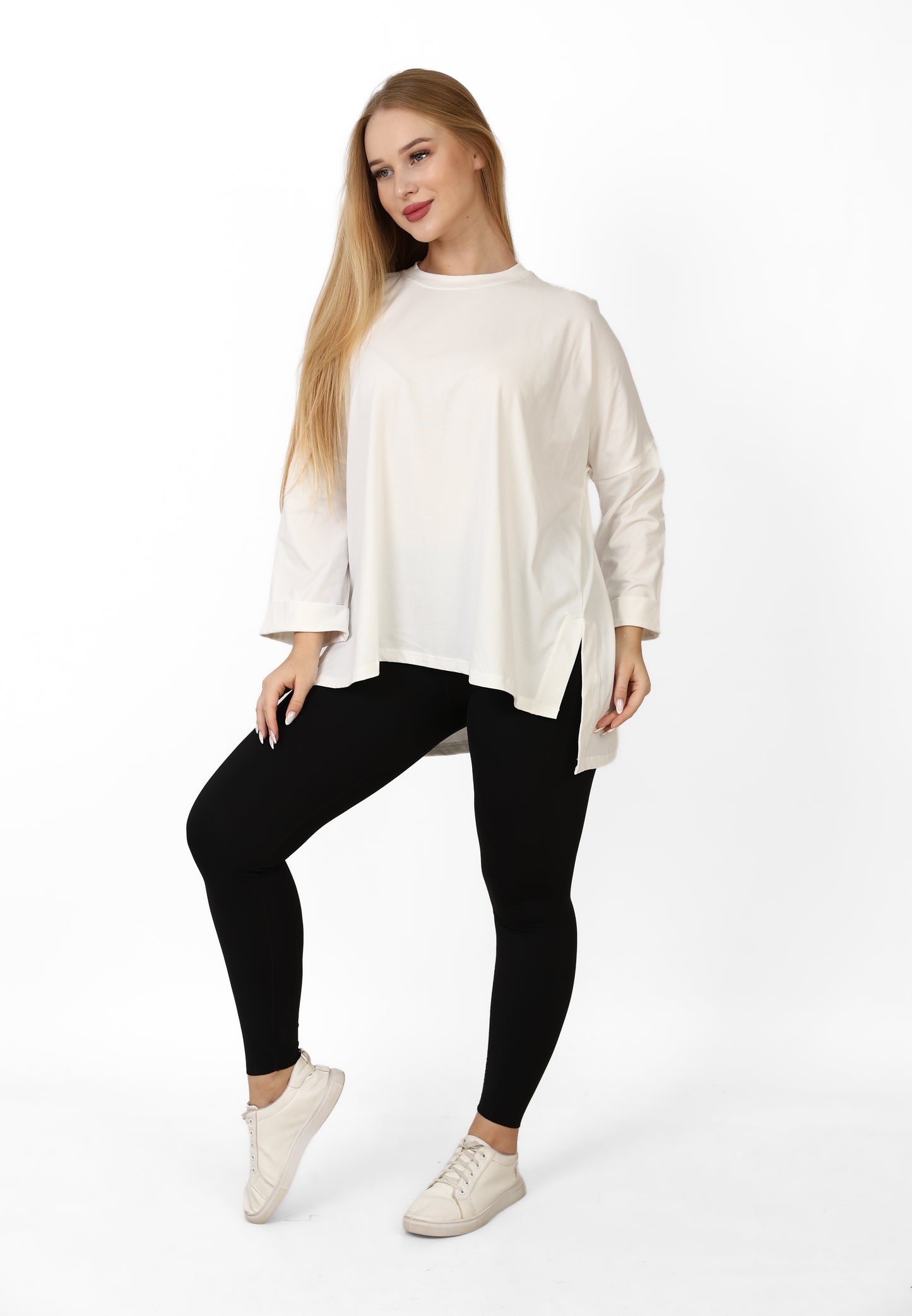 Women’s Oversized Long Sleeve Tunic – Side Slit Modest Top | Ivory