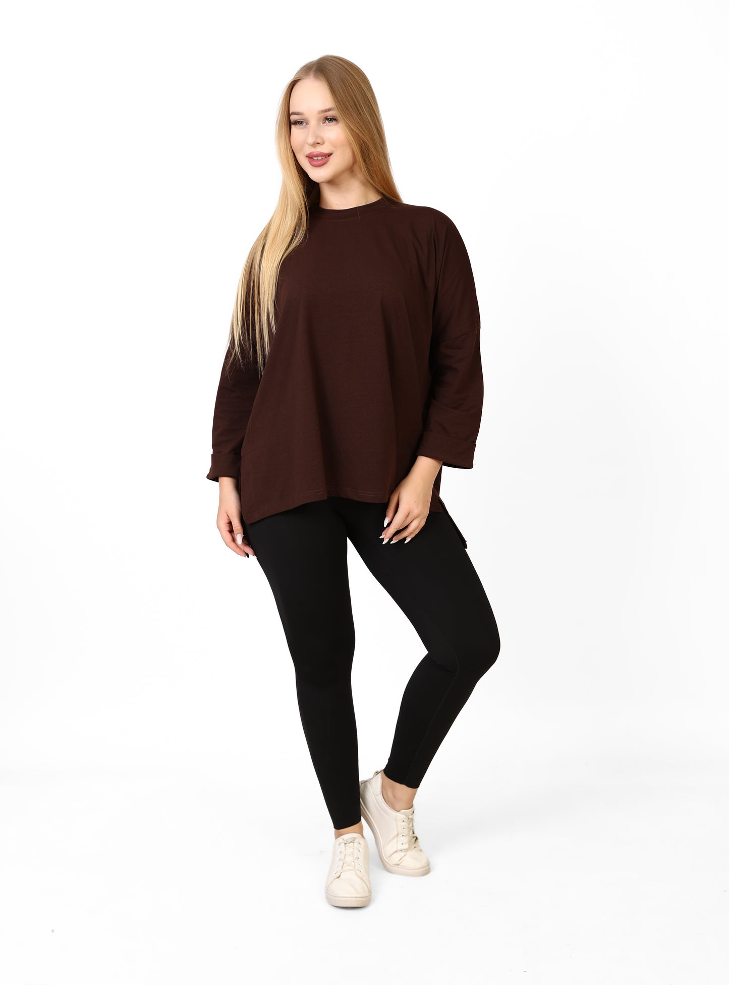 Women’s Oversized Long Sleeve High-Low Cotton Top – Chocolate Brown