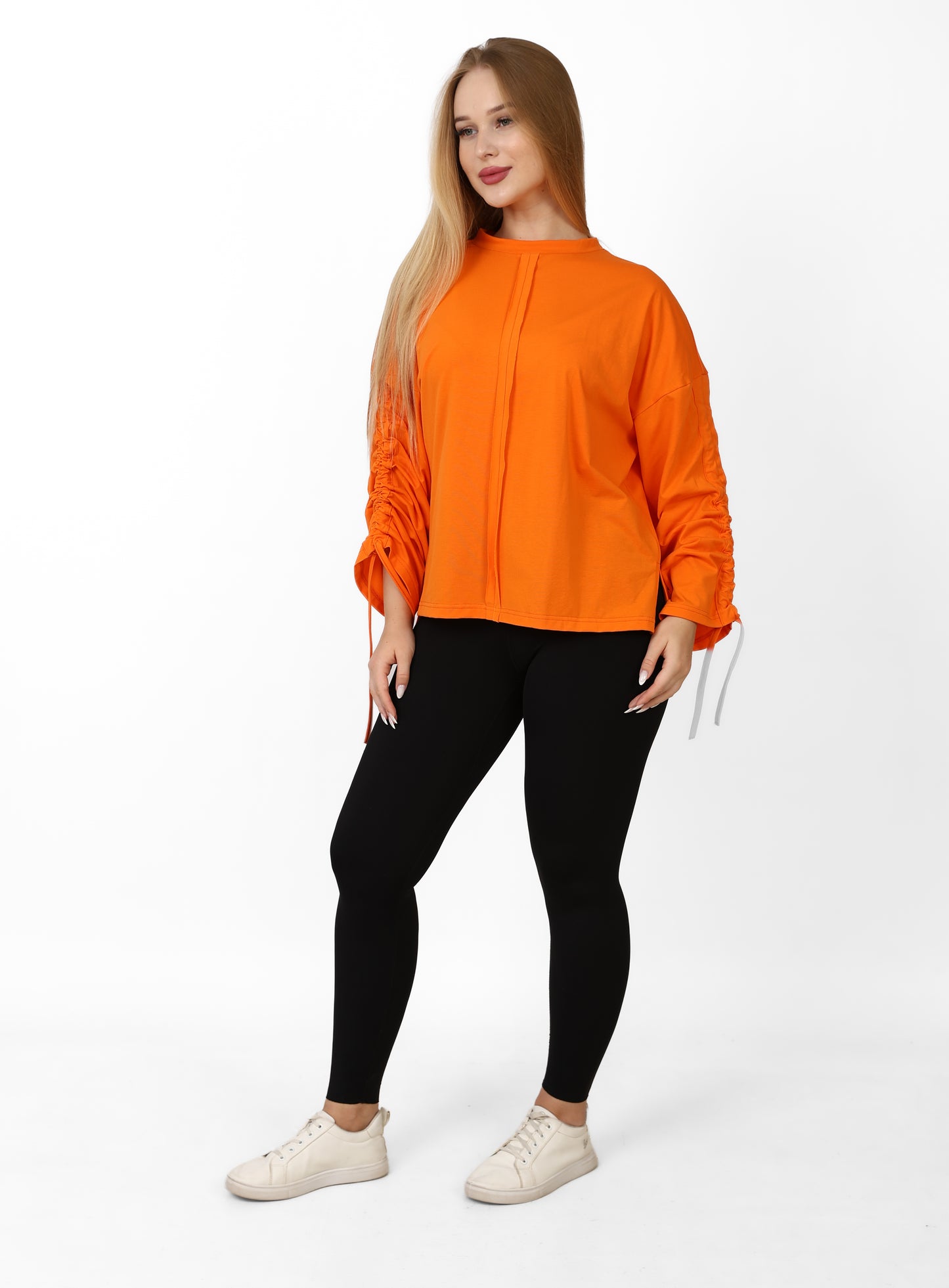 Women’s Adjustable Rushed sleeves oversized top Cotton – Orange