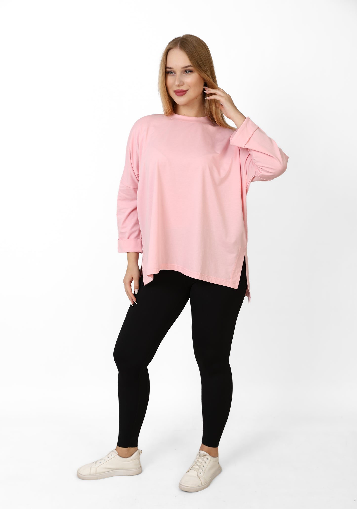 Women’s Oversized Long Sleeve High-Low Cotton Top – Light Pink