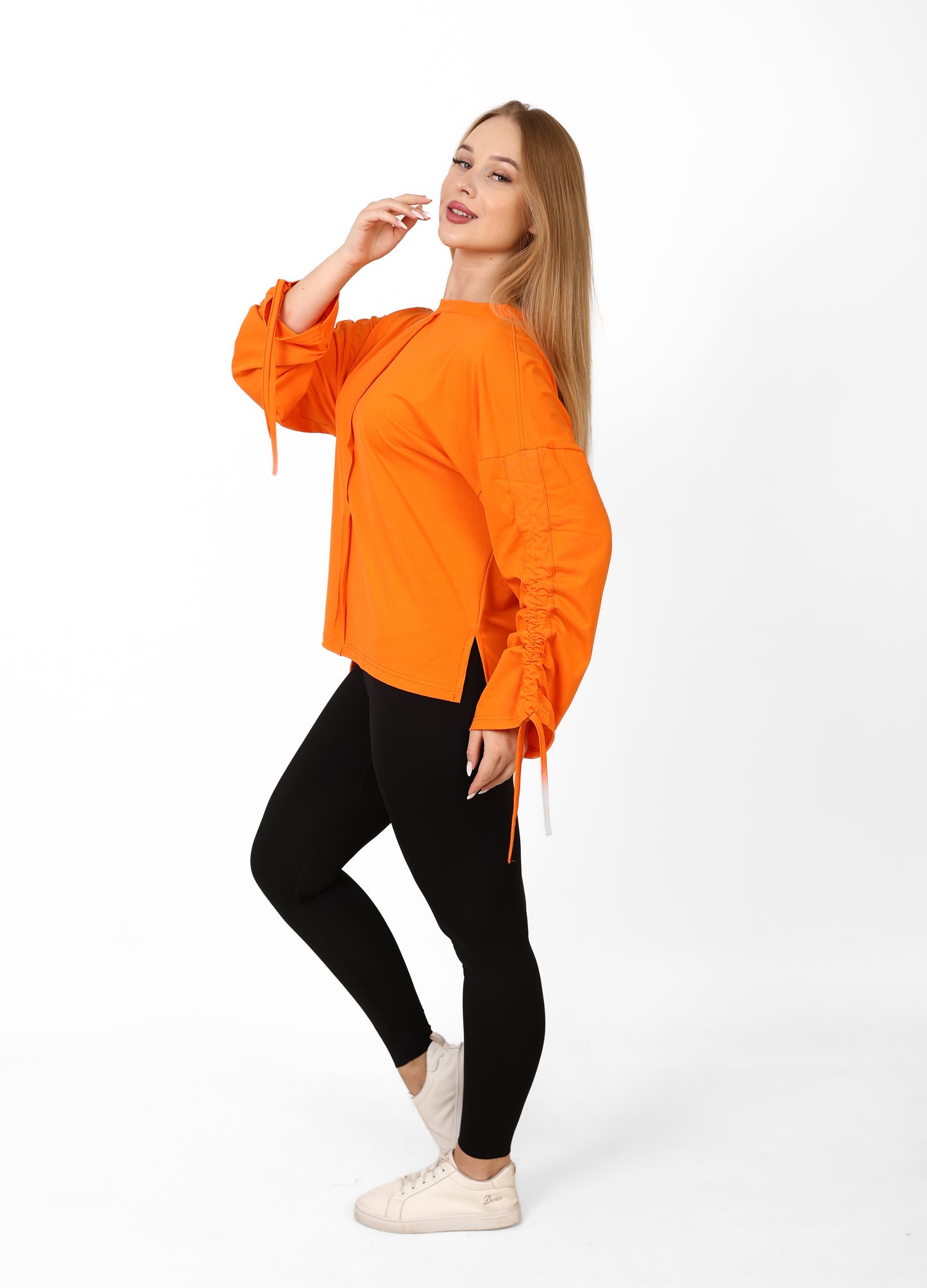 Women’s Adjustable Rushed sleeves oversized top Cotton – Orange