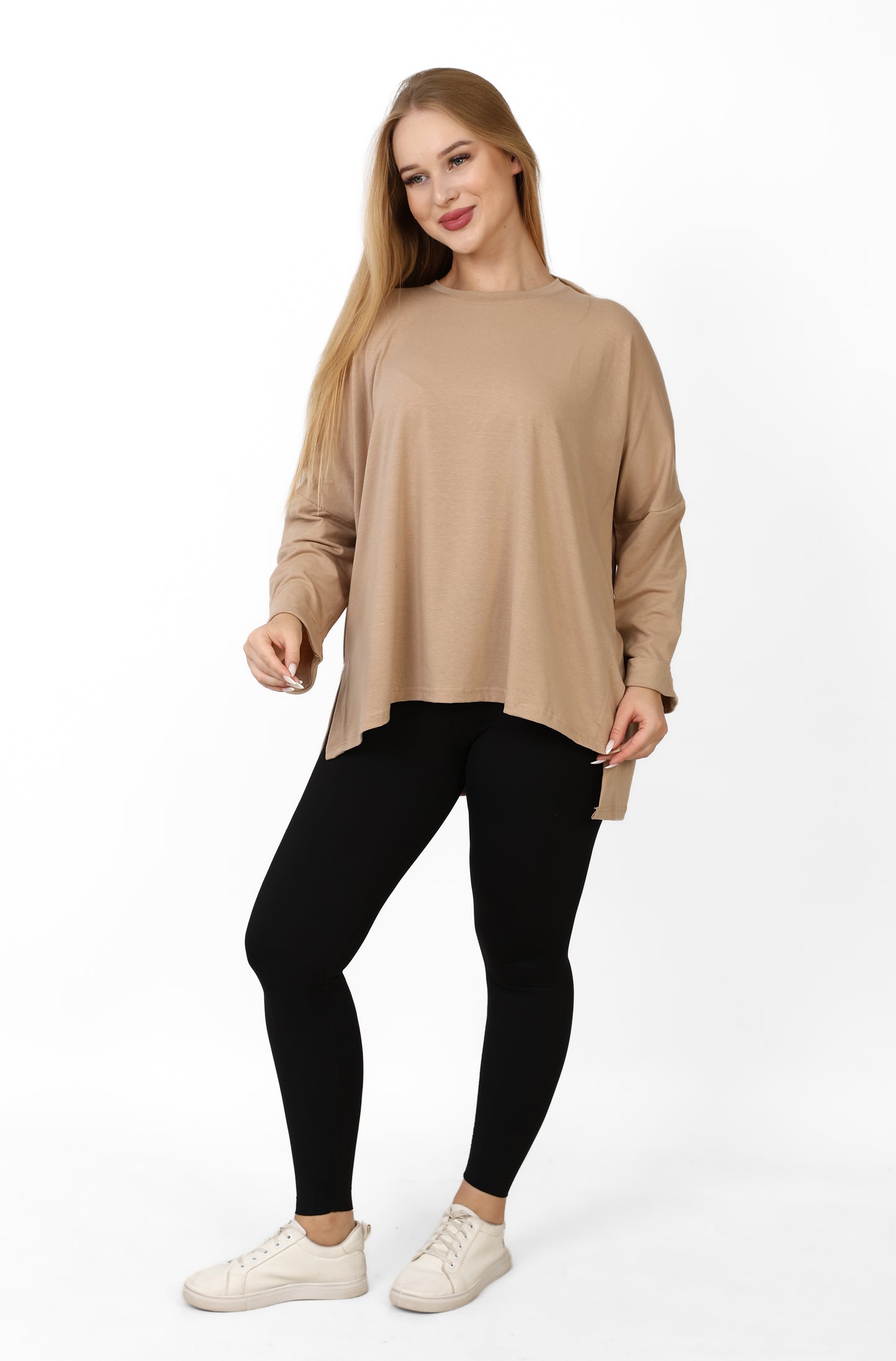 Women’s Oversized Long Sleeve High-Low Cotton Top – Beige