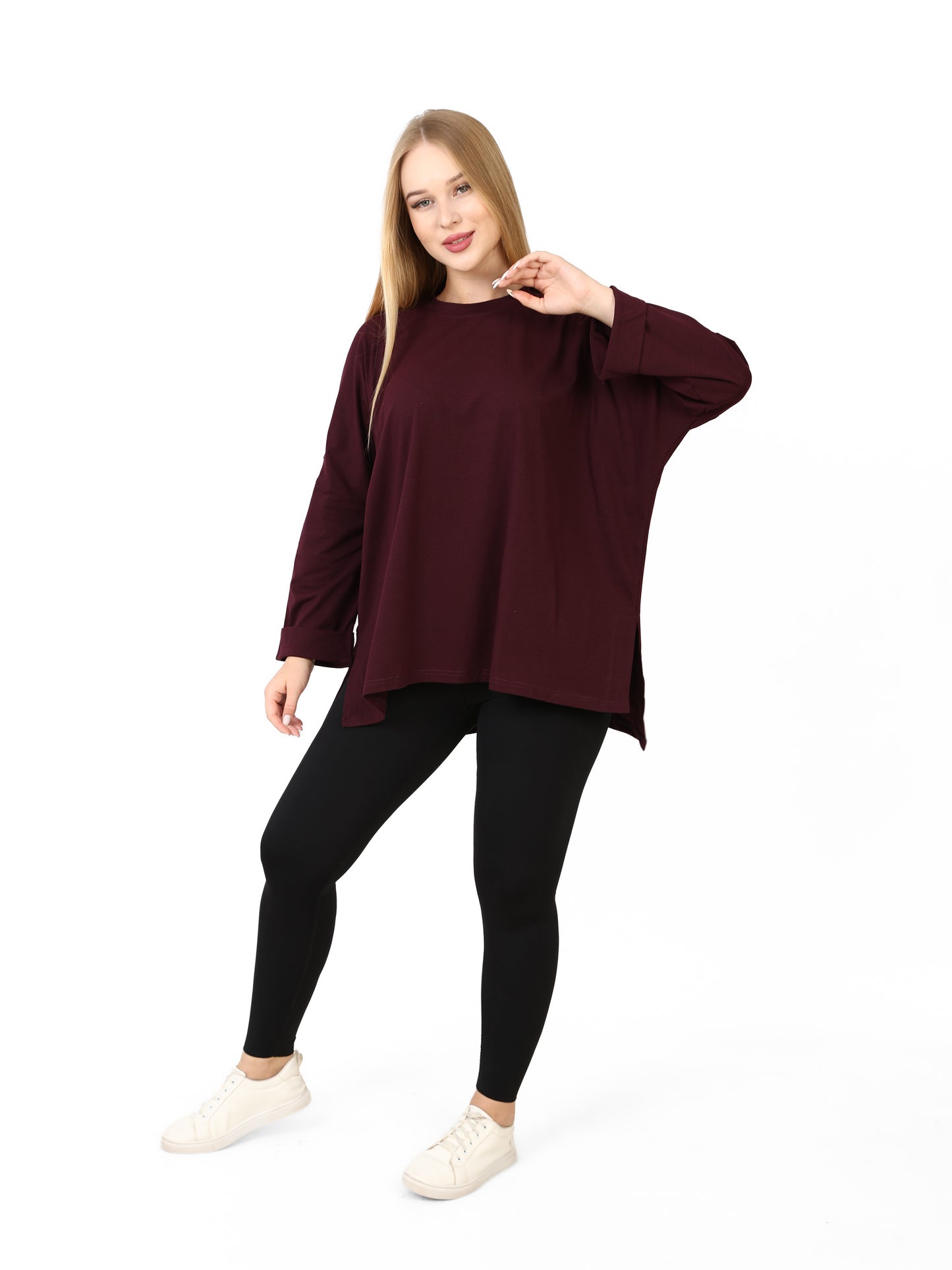 Women’s Oversized Long Sleeve Side Slit Top – Rich Burgundy