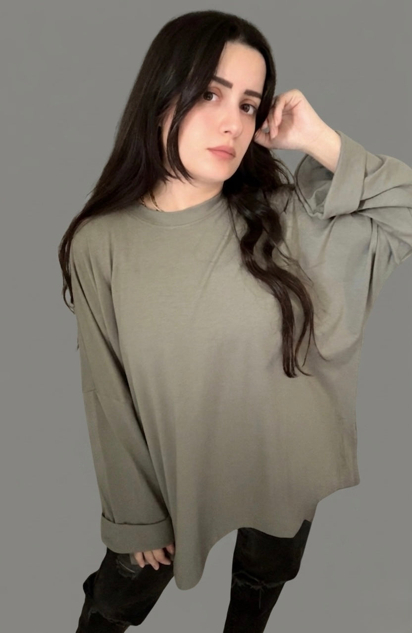 Women’s Oversized Long Sleeve High-Low Cotton Top – Olive Green
