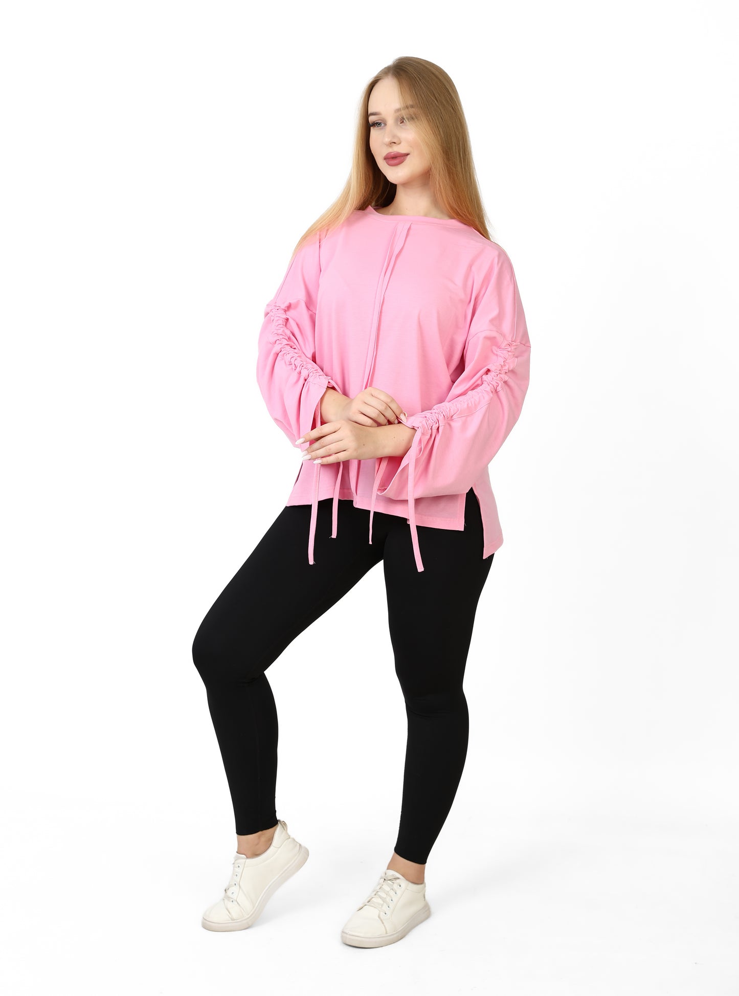 Women’s Adjustable Rushed sleeves oversized top Cotton – Light Pink