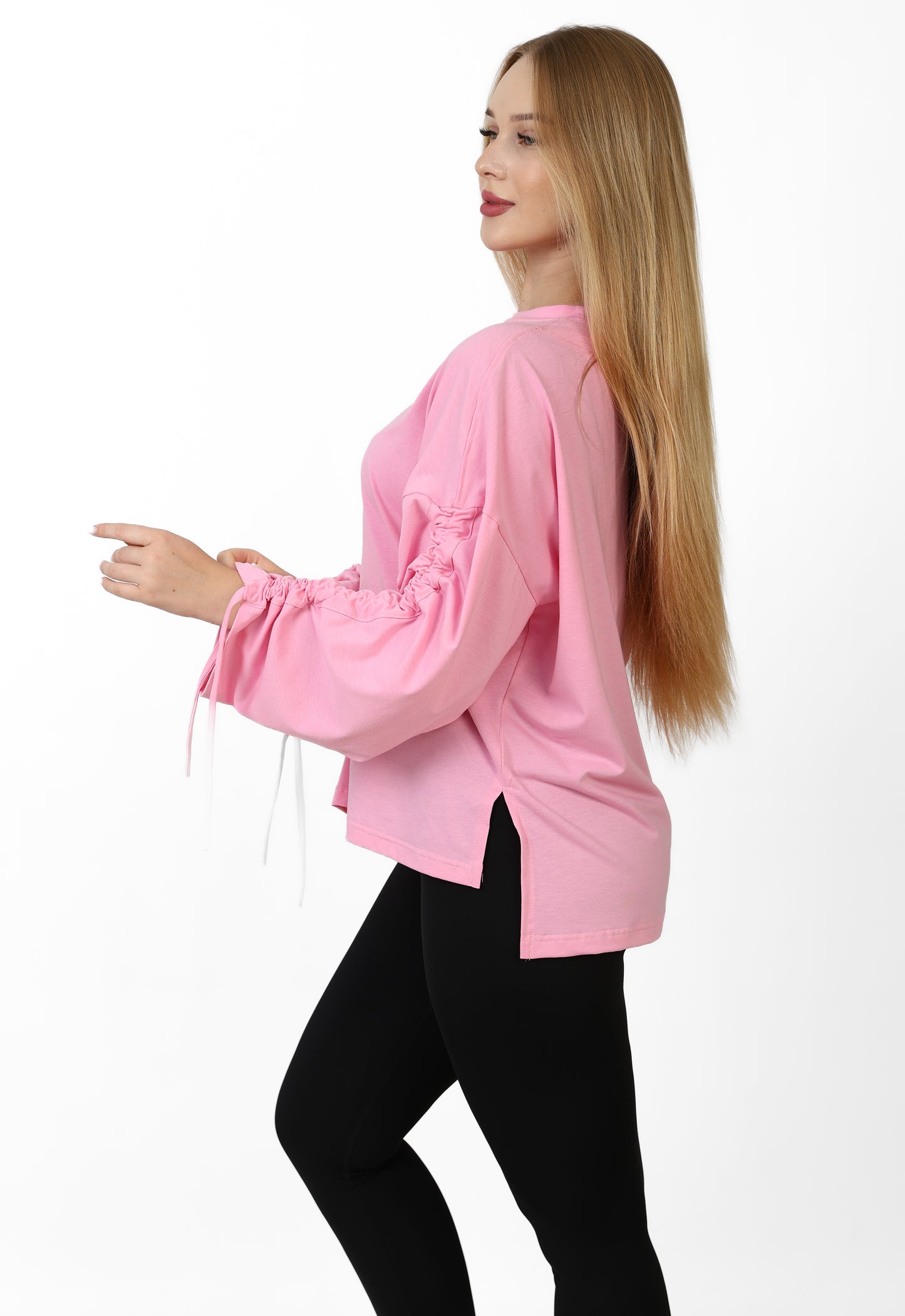 Women’s Adjustable Rushed sleeves oversized top Cotton – Light Pink