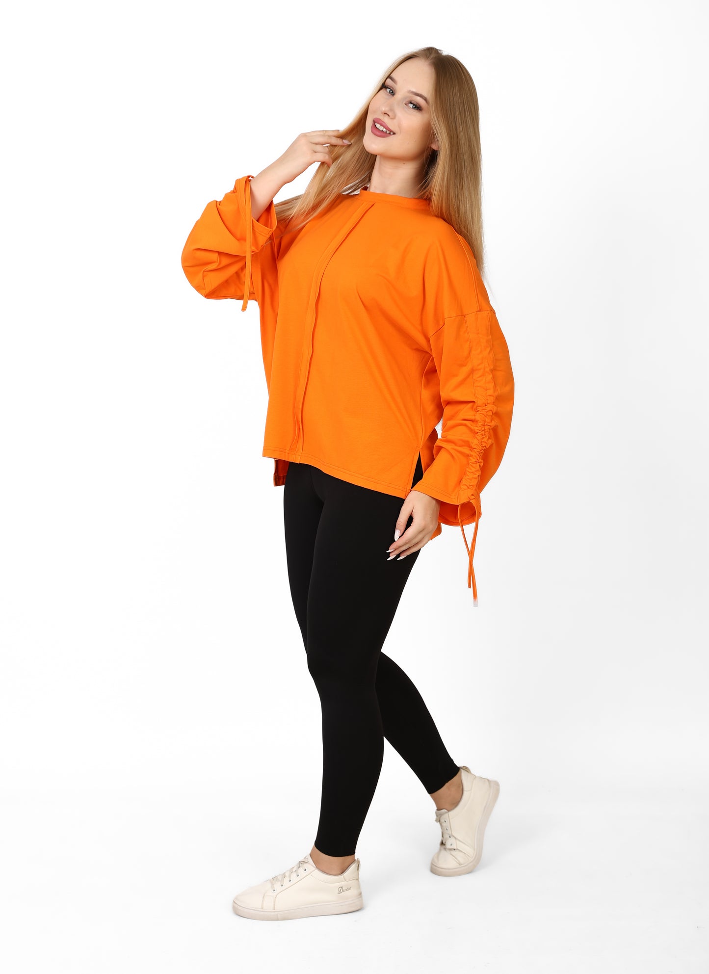 Women’s Adjustable Rushed sleeves oversized top Cotton – Orange