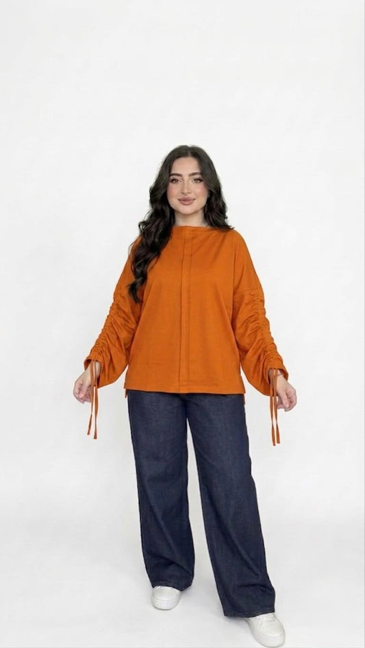 Women’s Adjustable Rushed sleeves  top Cotton – Orange