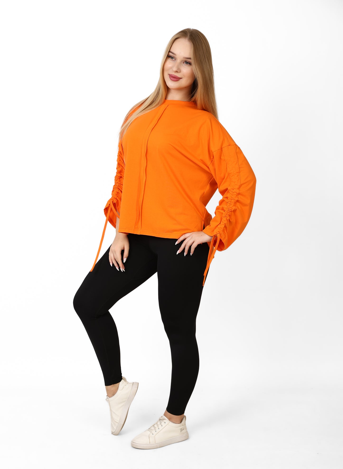 Women’s Adjustable Rushed sleeves oversized top Cotton – Orange